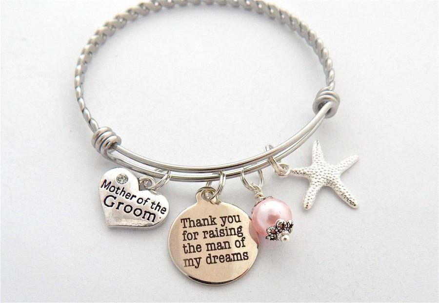 Mariage - Wedding Gift for MOTHER of the GROOM, Thank you for raising the man of my dreams, Mother Wedding Keepsake, Beach wedding, Adjustable Bangle