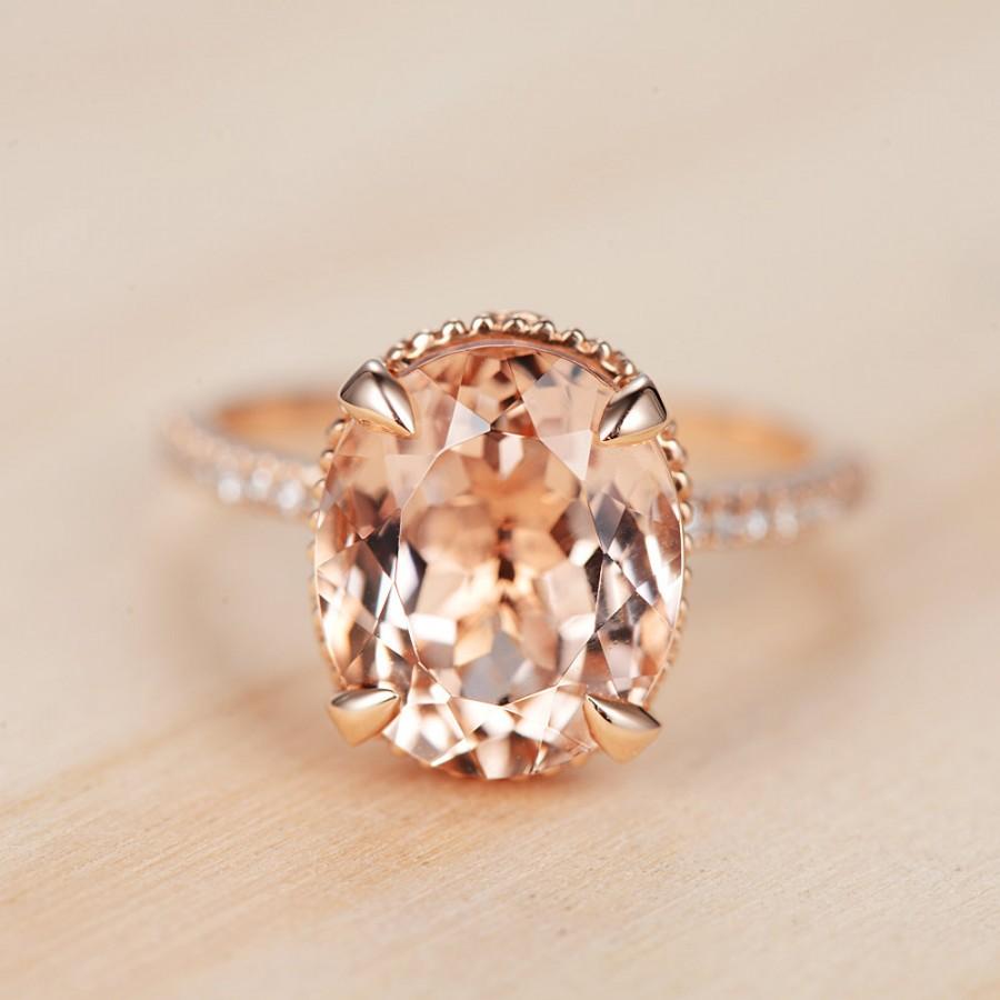 Hochzeit - 10x12mm Oval Cut Pink Morganite Engagement Ring Art Deco Diamond Wedding Ring Solid 14K Rose Gold Ring Unique Morganite Ring Infinity Band