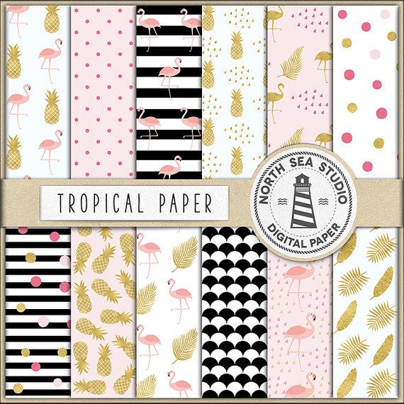 Wedding - Exotic Digital Paper, Tropical Backgrounds, Summer Patterns, Flamingo, Pineapple, Summer, Birds, Leaves, Coupon Code: BUY5FOR8
