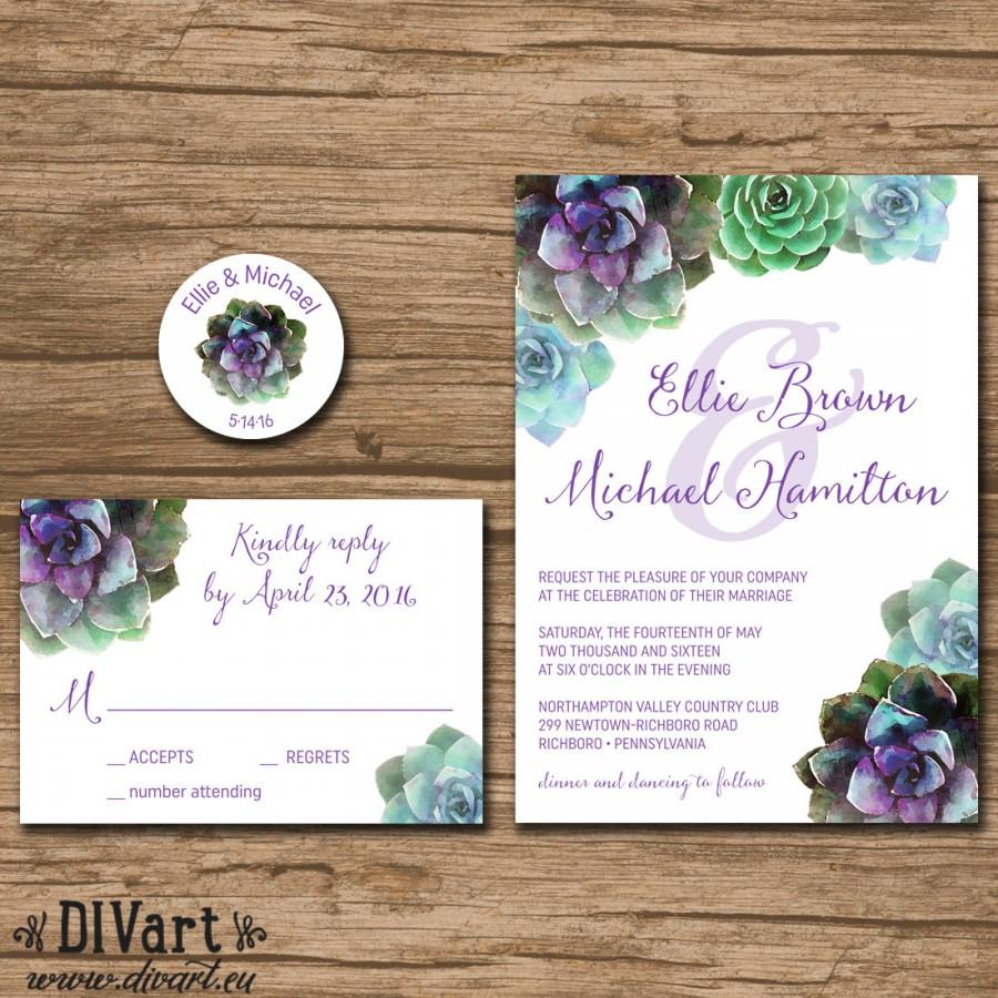 زفاف - Succulent Wedding Invitation Suite, Response Card, Monogram - PRINTABLE files - garden wedding, rustic wedding, watercolor succulent - Ellie