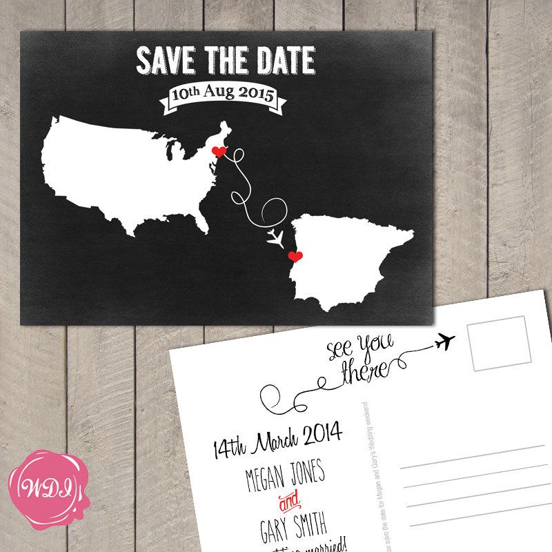 زفاف - Destination Wedding Save the Date Postcard - Travel Theme - Chalkboard - Custom - Printable