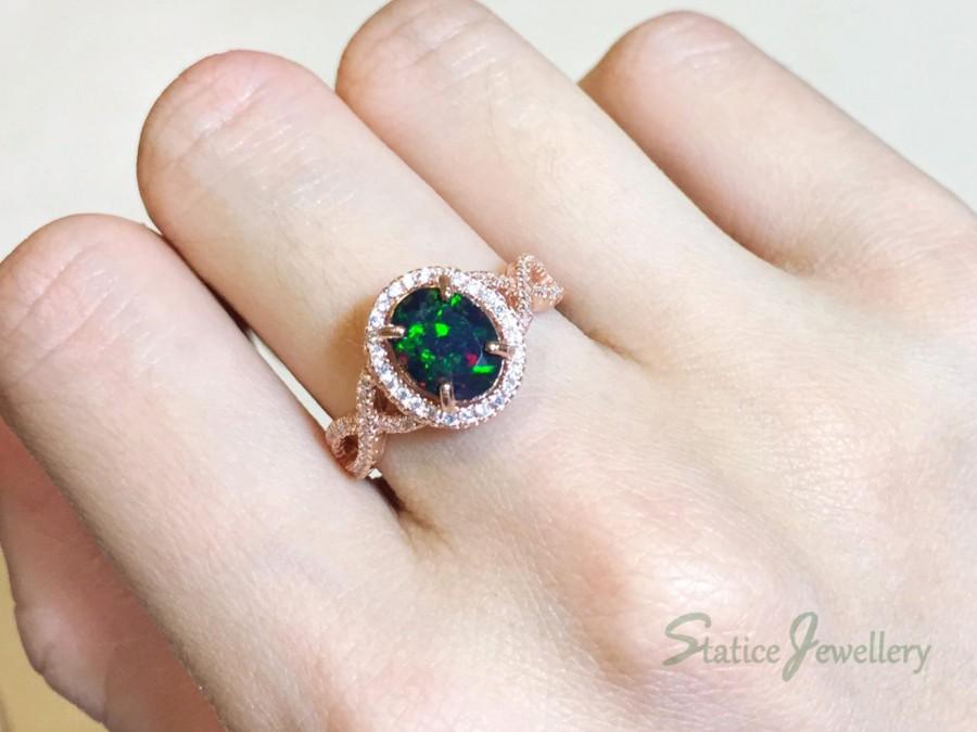 Свадьба - Black Opal Halo Ring Rose Gold, Genuine Natural Faceted Ethiopian Fire Opal Sterling Silver Size Adjustable Engagement Anniversary Christmas