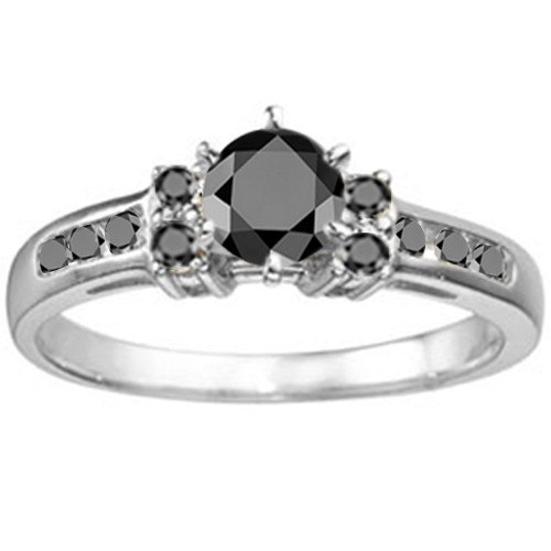 Wedding - Traditional .35ctw Prong and Channel Set Black Diamonds w/a .25 Round Center Sterling Silver Promise Engagement Anniversary Ring