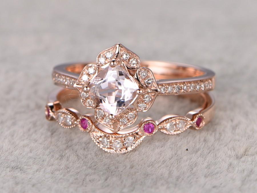 Свадьба - 2pcs Morganite Bridal Ring Set,Engagement ring Rose gold,Diamond wedding band,14k,6mm Cushion Cut,Promise Ring,Retro Vintage Floral,Art Deco