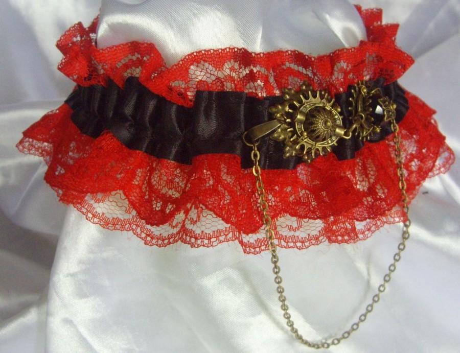 Mariage - Steampunk Bronze Colour Metal Mini Goggles Black Or Red & Black Lace Wedding Garter Cosplay