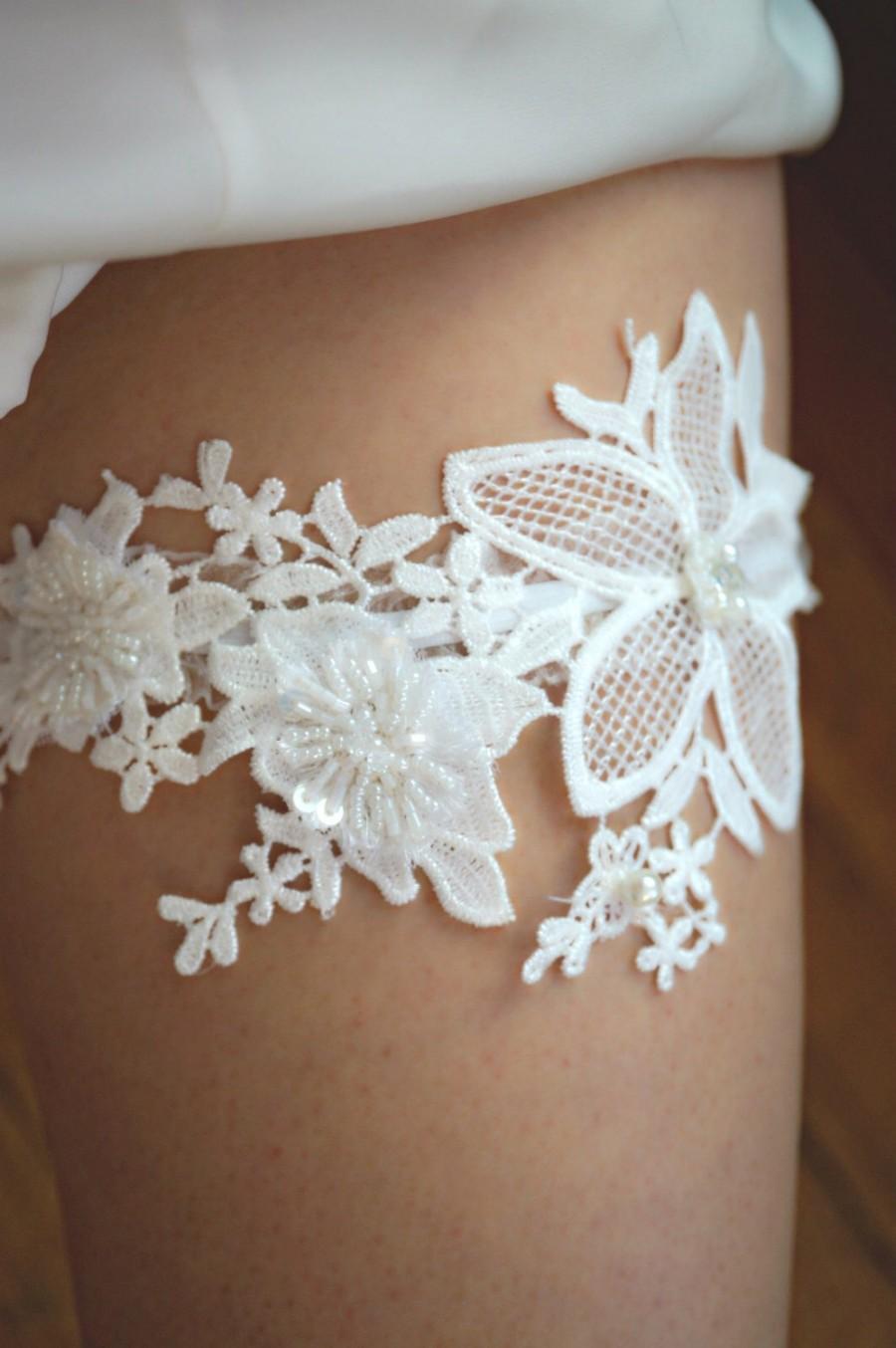 زفاف - Lace pearl crystal beaded lace wedding garter; bridal garter