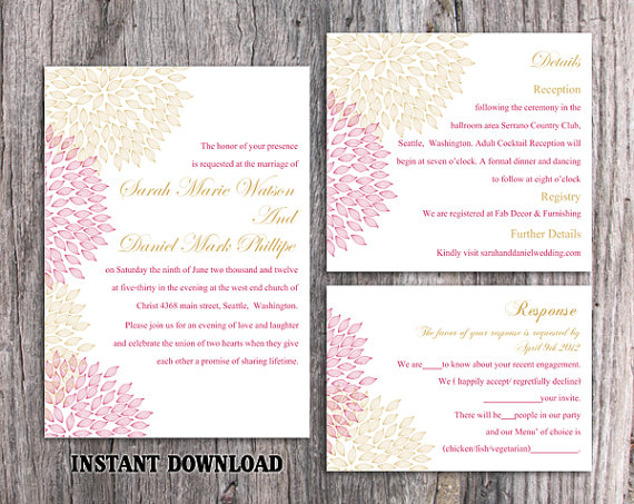 Свадьба - Wedding Invitation Template Download Printable Wedding Invitation Editable Pink Invitations Floral Invitation Gold Invitations Invites DIY