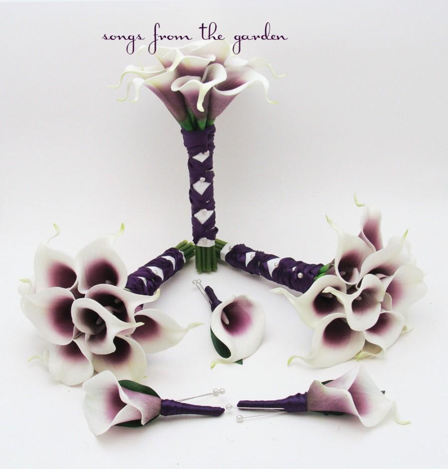 زفاف - Real Touch Picasso Calla Lily Bridesmaids Bouquets Groomsmen Boutonnieres Wedding Flower Package  Plum Purple White