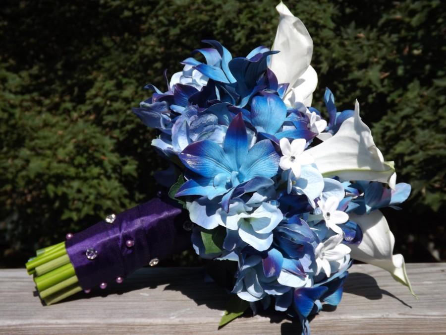 Wedding - Bridal bouquet with Blue galaxy orchids, hydrangea, real touch medium calla lilies and jeweled stephanotis bouquet, choose your orchid