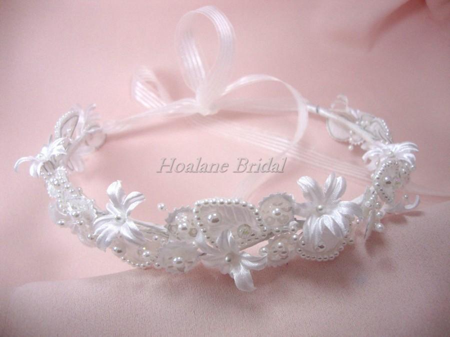 Hochzeit - Flower girl halo, pearls and floral wreath with ribbon tie at back, Flower girl Headpiece