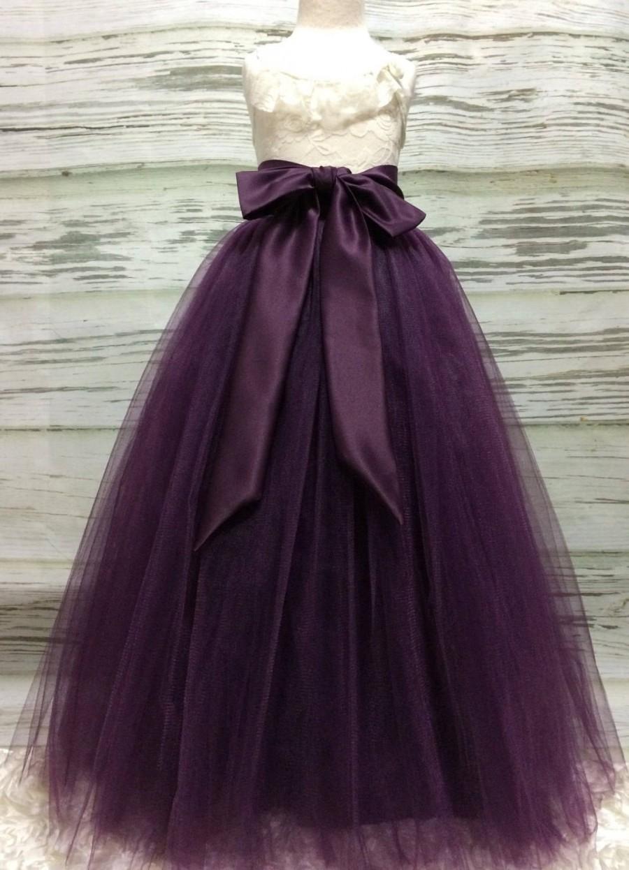زفاف - Custom Made Girls Eggplant/Plum Floor Length Tulle Skirt  With Sash for Flower Girl,Country Wedding,Rustic Wedding for Flower girl