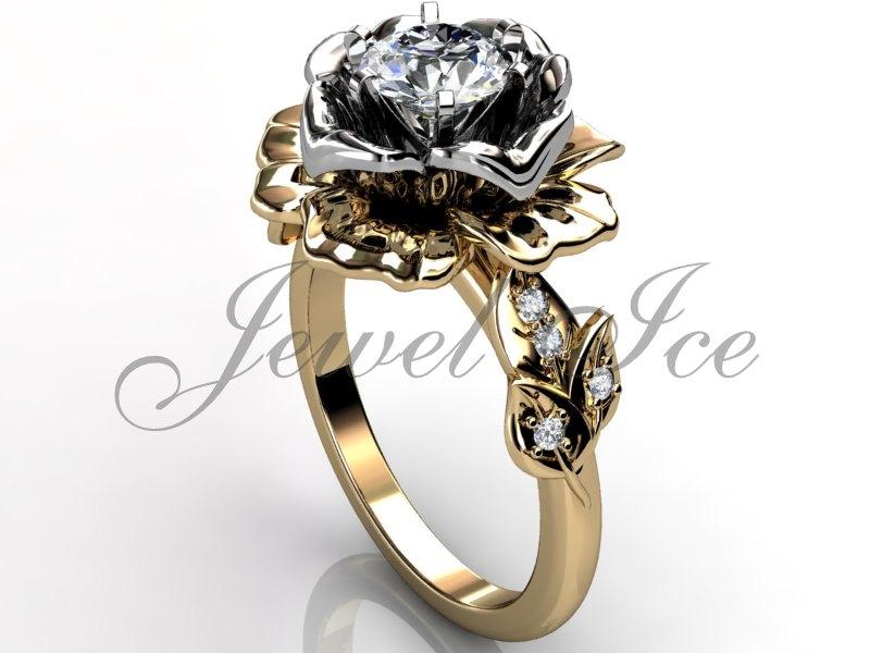 زفاف - 14k two tone yellow and white gold diamond unusual unique flower engagement ring, bridal ring, wedding ring ER-1032-7
