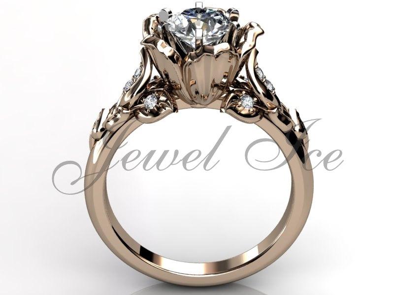 Mariage - 14k rose gold diamond unusual unique flower engagement ring, bridal ring, wedding ring ER-1033-3