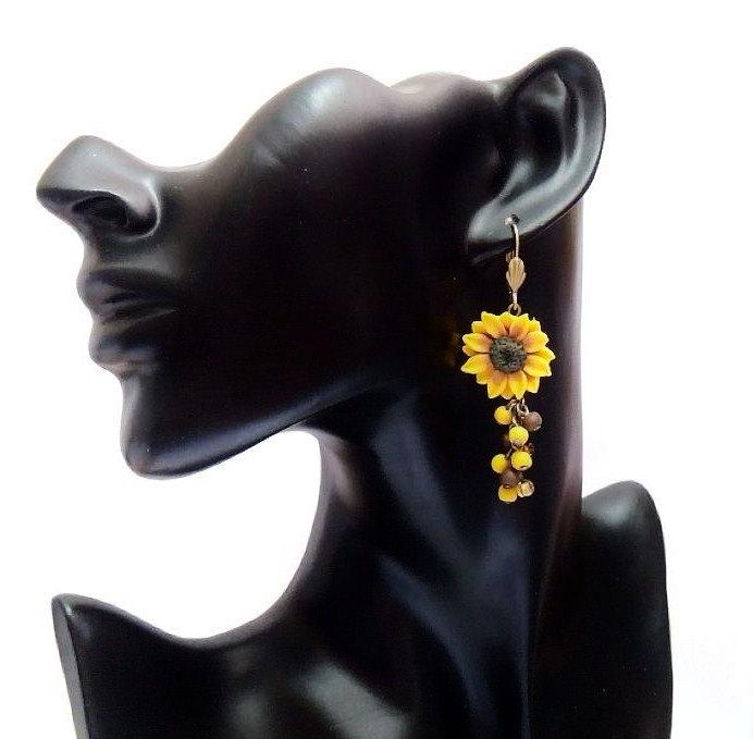 Wedding - Yellow Sunflower Drop Earrings,Yellow Flower Drop Earrings, Jewelry Yellow Sunflower,  Wedding Earrings, Summer Jewelry, Bridesmaid Jewelry