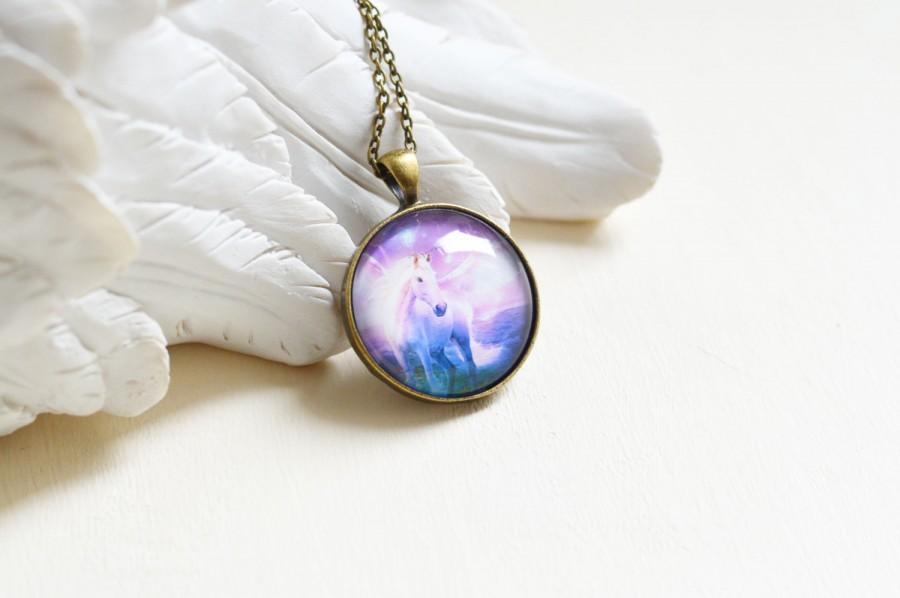 Mariage - Magic Night //  Round pendant metal brass with Pegasus under glass // A horse with wings // Purple, pink, blue, violet