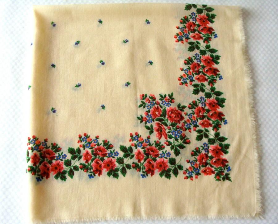 Wedding - Vintage Ukrainian shawl, Russian shawl, Wool floral scarf, made in USSR, white shawl with red and blue flowers