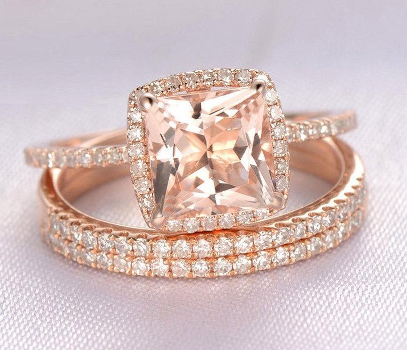 زفاف - Limited Time Sale 2 carat Morganite and Diamond Trio Wedding Bridal Ring Set in 10k Rose Gold with One Engagement Ring and 2 Wedding Bands