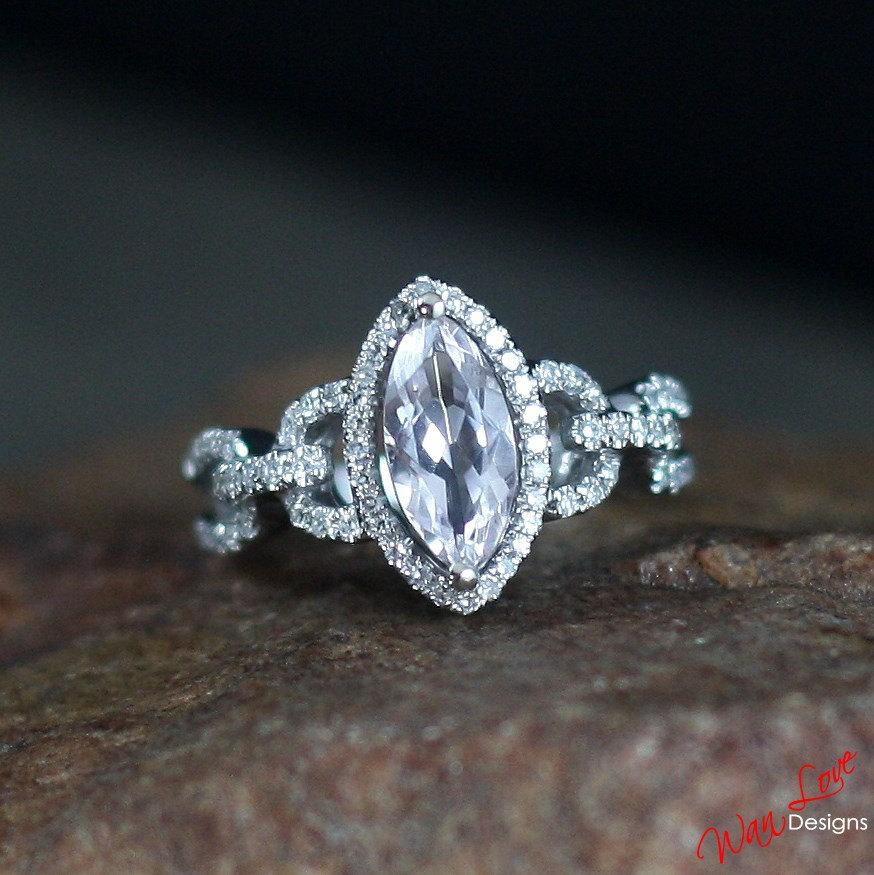 زفاف - Ready to ship Morganite Marquise Halo & Diamond Engagement Ring 1ct 10x5mm 14k White Gold size 6.5 Wedding Anniversary Promise Pink