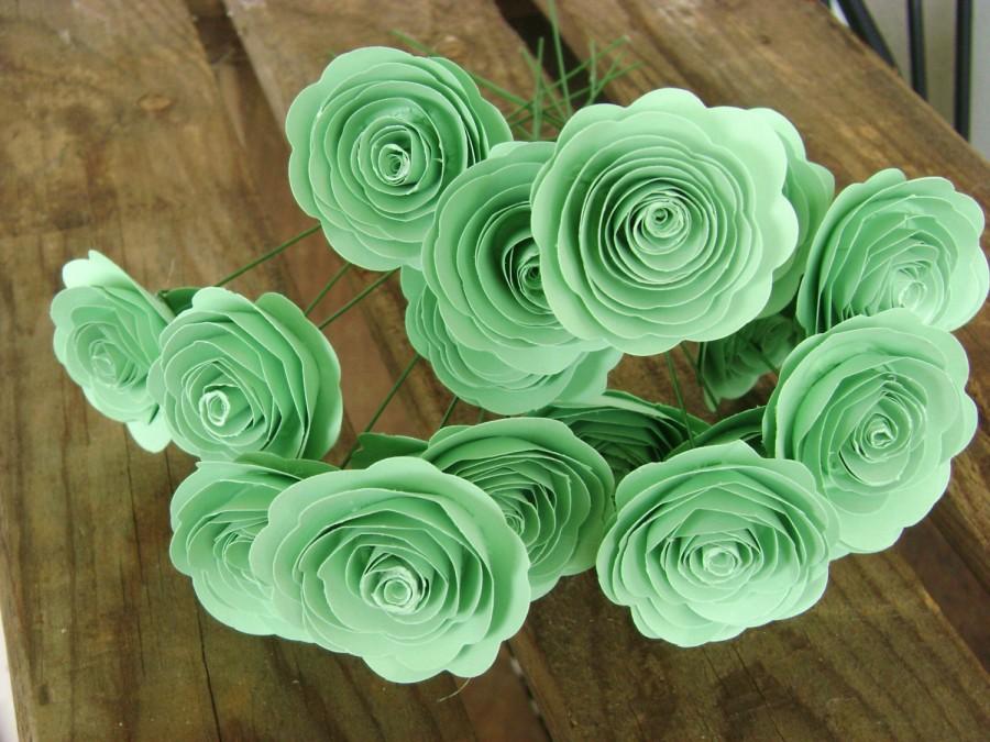 Mariage - 1- 1 1/2" sized mint green paper roses spiral rolled flowers for brides bouquet wedding decorations bridesmaid toss flower girl ledger green