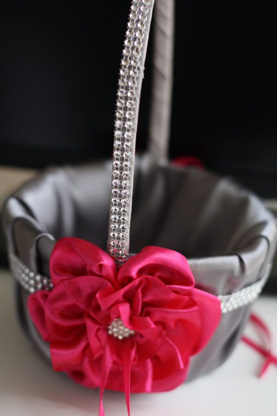 Hochzeit - Fuchsia Flower Girl Basket with Brooch & Gray satin  Gray Wedding Basket with fuchsia flower  pink Wedding Basket, wedding Ceremony