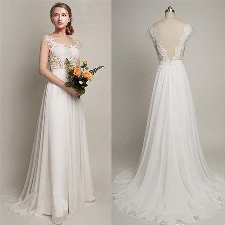 زفاف - 2017 Simple Long A-Line V-back Lace Wedding Dresses, Chiffon Wedding Party Dresses, WD0013