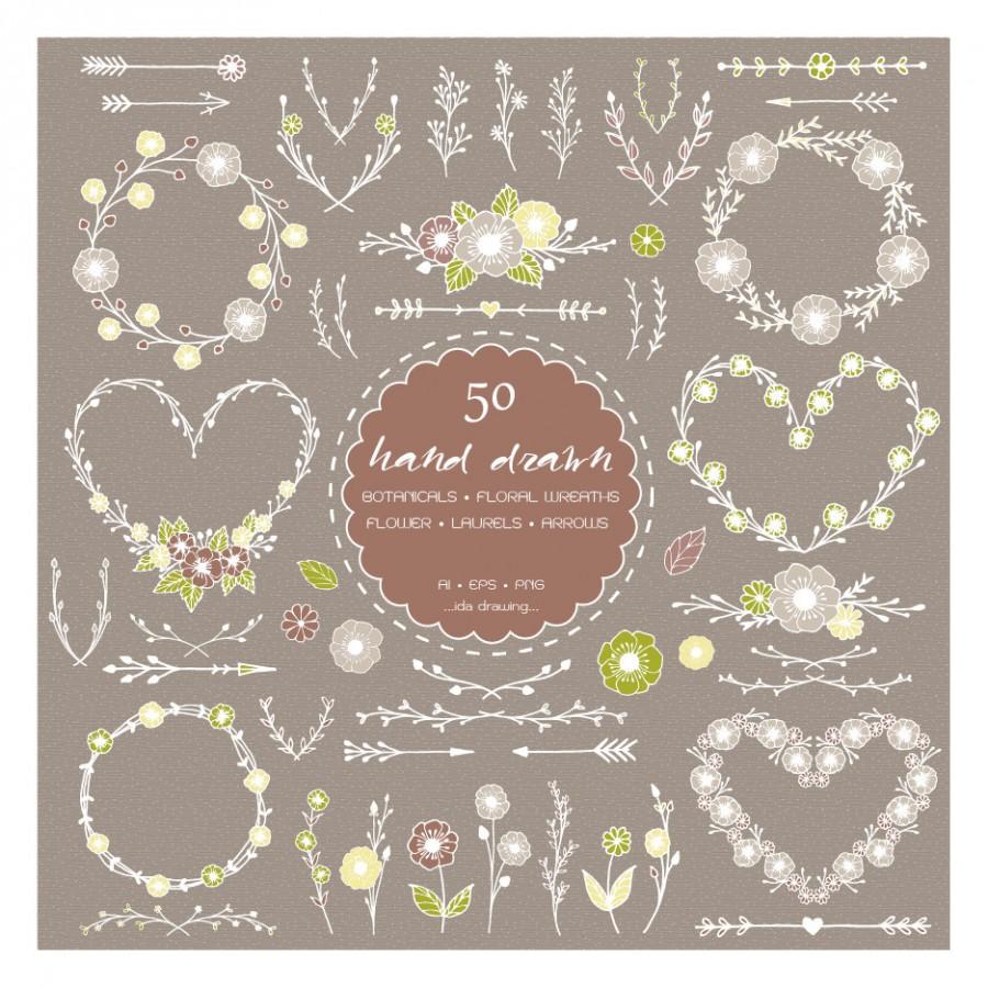 Hochzeit - 50 Hand Drawn Brown Anemone Flower Digital Clip Art - Wedding Flower -Floral Wreaths - Botanicals - Chalkboard-Rustic Flower-Arrows-Laurels