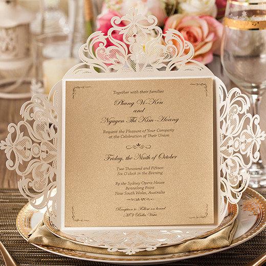 Hochzeit - Laser cut wedding invitation, laser cut invite, gold wedding invitation, lace wedding invitation, wedding invitation, floral wedding invite