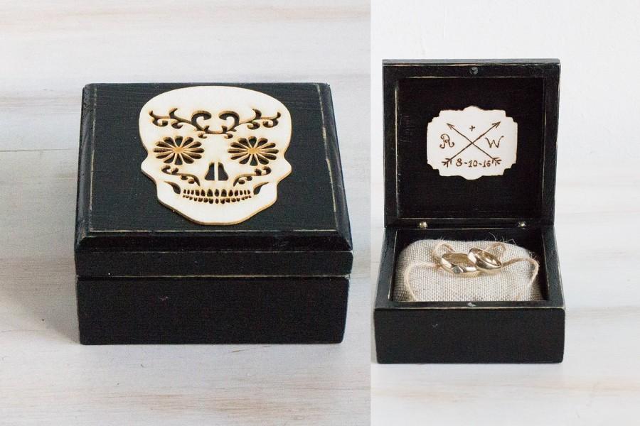 Hochzeit - Mexican Skull Wedding Box Ring Bearer Box Black Wedding Ring Box Halloween Wedding Engagement Ring Box Ring Holder Day of the Dead Ring Box