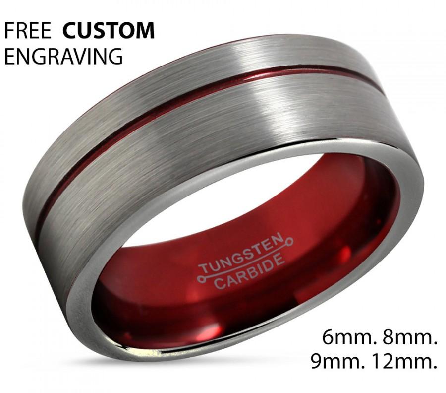 Hochzeit - Brushed Silver Red Tungsten Wedding Band,Grooved Tungsten Ring,Tungsten Wedding Ring,Anniversary Ring,Engagement Band,Pipe Cut Tungsten