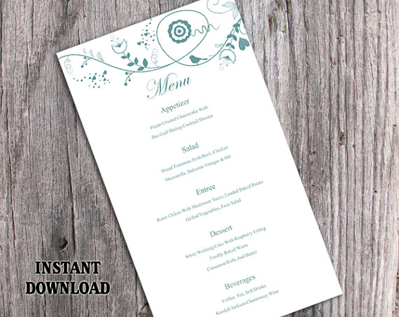 Hochzeit - Wedding Menu Template DIY Menu Card Template Editable Text Word File Instant Download Blue Menu Bird Menu Card Floral Printable Menu 4x7inch