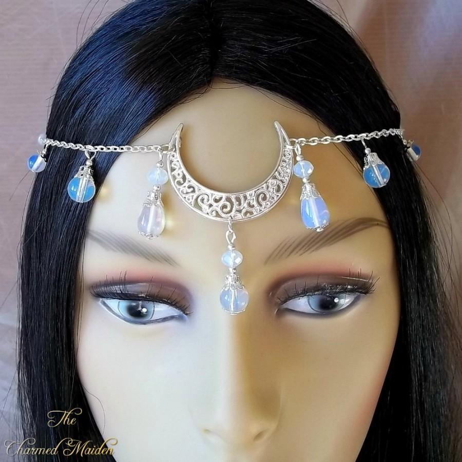Mariage - Silver Opalite Moon Circlet, Moon Headpiece, Headdress, Moon Goddess, Pagan, Wiccan, Wicca, Festival, Handfasting, Head Jewellery, Wedding