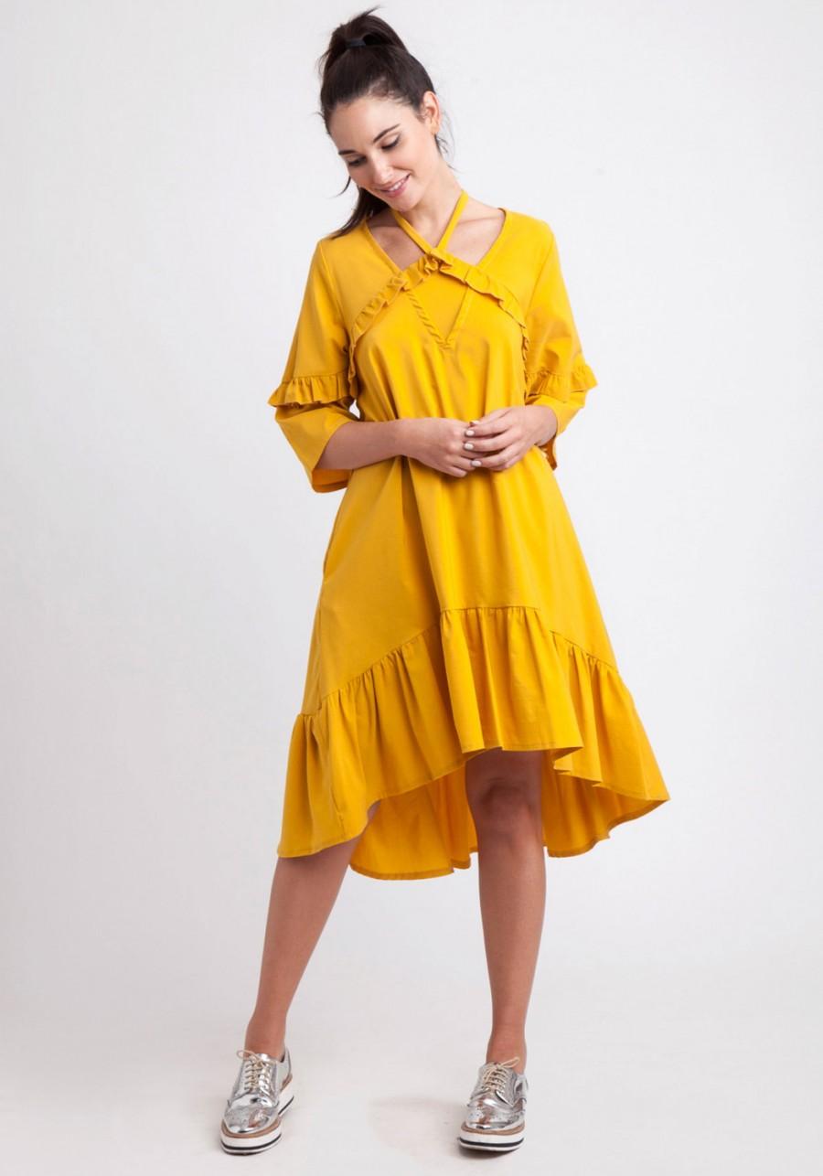 Hochzeit - Mustard dress, knot top, oversized dress, yellow halter top, long sleeve, ruffled dress, loose fit dress, low waist dress, 3/4 sleeves, sale