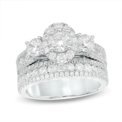 زفاف - 2-1/4 CT. T.W. Diamond Oval Frame Past Present Future® Bridal Set in 14K White Gold