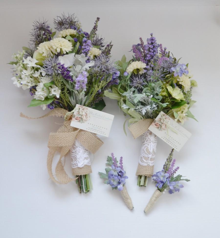 Hochzeit - Wildflower Bouquet Package - Bridal Bouquet, Bridesmaid Bouquet, Boutonnieres, Wildflower, Purple, Rustic Wedding Bouquets, Boho Bouquet