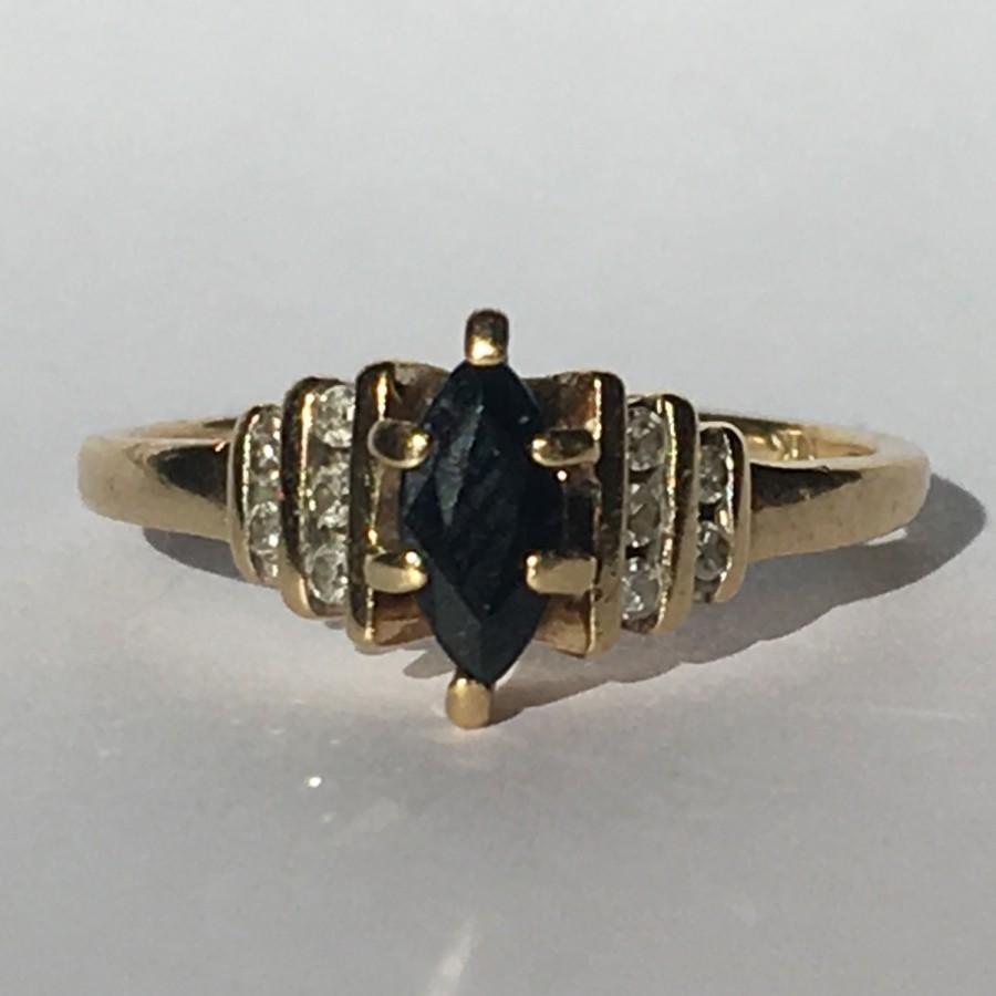 Wedding - Vintage Sapphire Ring. Diamond Accents. 10K Yellow Gold. Unique Engagement Ring. September Birthstone. 5th Anniversary Gift. Estate Jewelry.