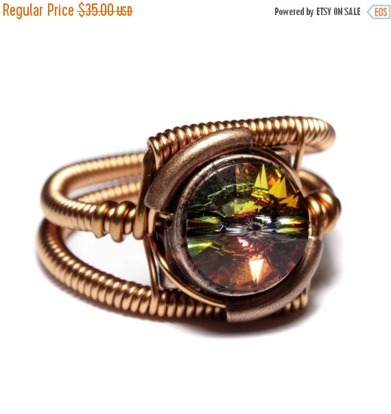 Mariage - SALE 25% OFF - Steampunk Jewelry - RING - Copper with Volcano Swarovski Crystal