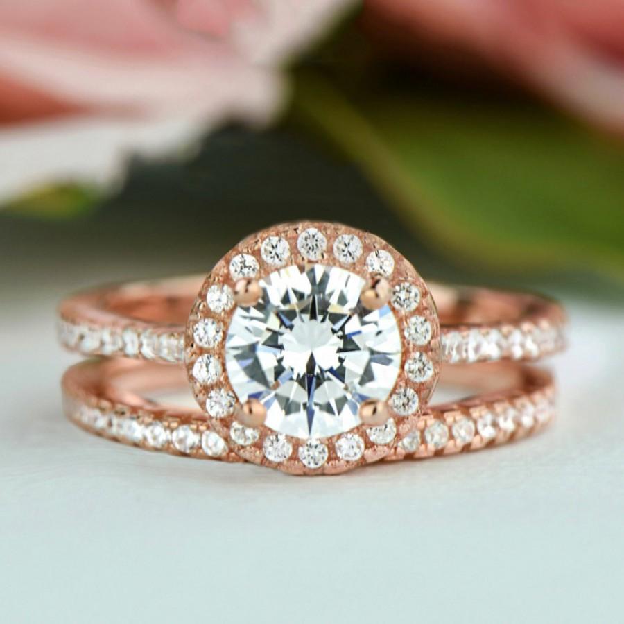 Mariage - 1.5 ctw Classic Round Halo Bridal Set, Man Made Diamond Simulants, Wedding Band, Halo Engagement Ring, Sterling Silver, Rose Gold Plated
