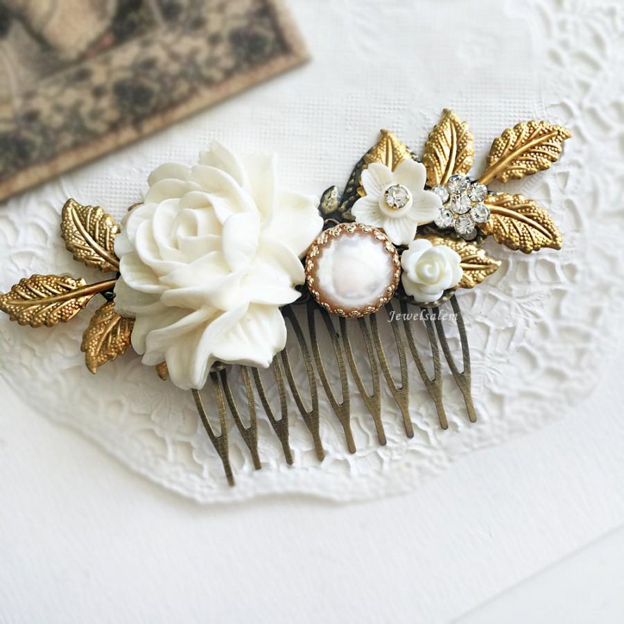 Свадьба - Wedding Hair Comb Bridal Hair Accessories Modern Victorian Headpiece White Flowers Hair Adornment Chintz Glamorous Pearl Hair Pin JW