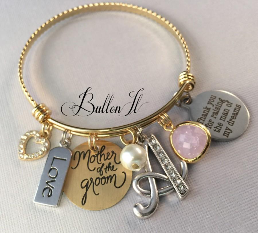 Wedding - Mother of the GROOM gift, GOLD bangle bracelet, Mother in law, charm bracelet, Thank you for raising the man of my dreams, Initial jewelry
