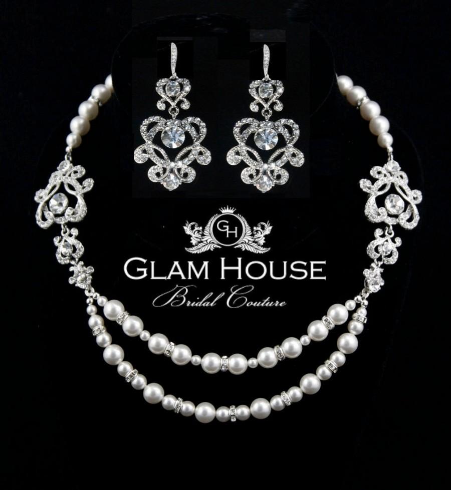 زفاف - Bridal Jewelry Set,Pearl Bridal Necklace,pearl bridal earrings,chandelier earrings,double strand necklace,vintage wedding,bridal accessories