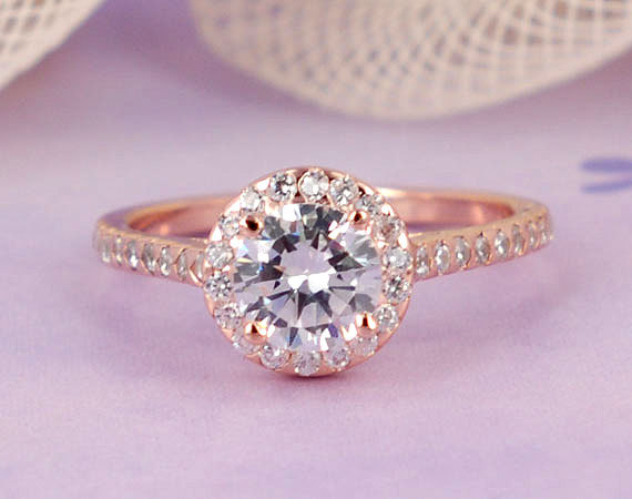 Свадьба - 1.12 ctw Halo Sterling Silver Ring, Rose Gold Plated, Simulated Diamond Wedding Engagement Half Eternity Ring_ sv2190