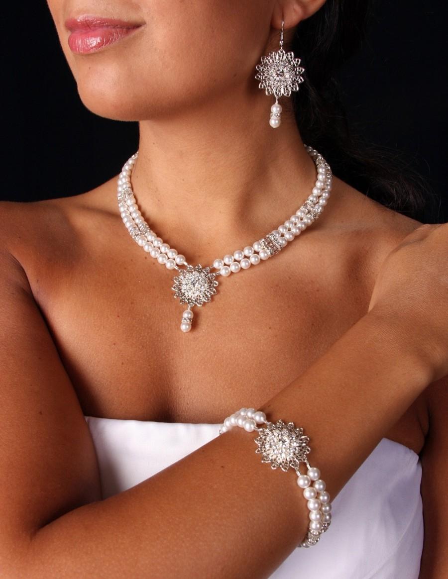 Hochzeit - SALE Emma Bridal Set, Swarovski Crystal and Pearl Filagree Pendant Double Strand Bridal Necklace, Bracelet and Earrings
