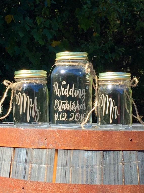 Свадьба - Unity Sand Set Painted Mason Jars Mr. and Mrs. Established Personalized Sand Ceremony Wine Set Choice of Fonts and Lids