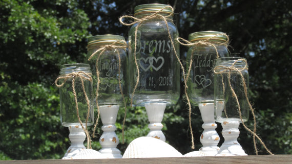 زفاف - Unity Sand Set Personalized Mason Jars Blended Family of 6 Farmhouse Distressed Toasting Glasses Linked Hearts Wood Stands