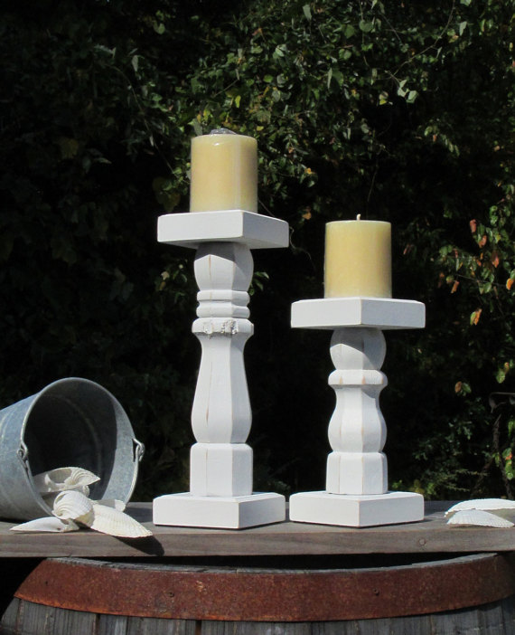 زفاف - Wood Candle Holder Farmhouse Distressed Shabby Chic Candlestick Pillar Candle Stand Pair
