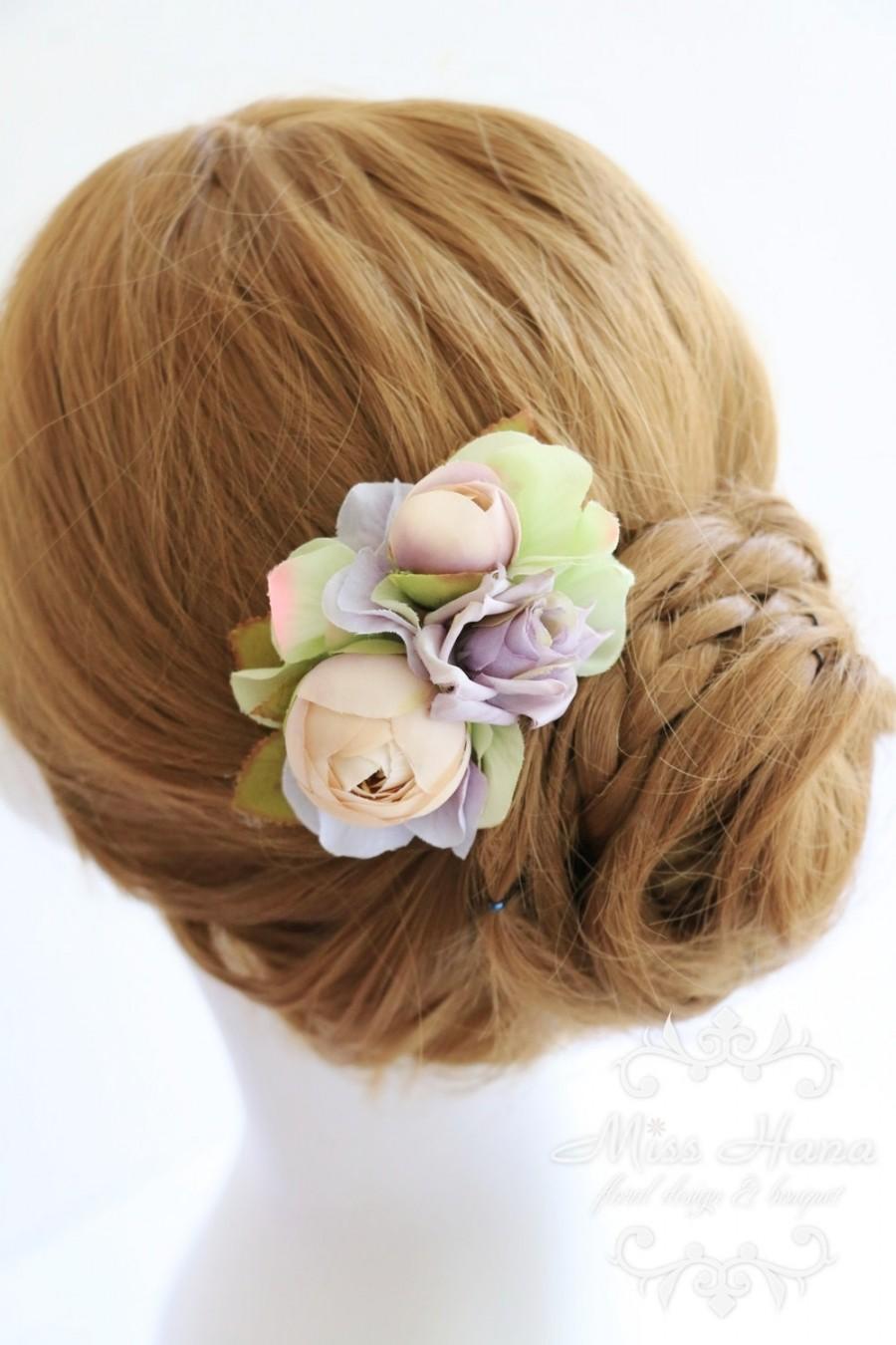 Wedding - Bridal Hair Accessory, Silk Flower Hair clip headpiece, ivory purple hydrangea flower, Bridesmaid, Rustic Romantic outdoor wedding woodland