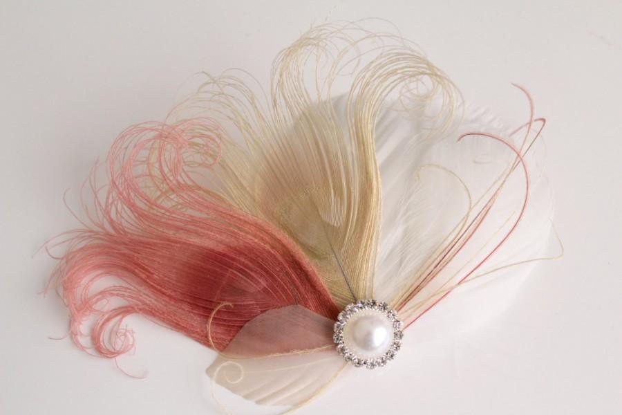 Mariage - Wedding Bridal Bridesmaid White Champagne Dusty Pink Peacock Feather Pearl Rhinestone Hair Clip Fascinator