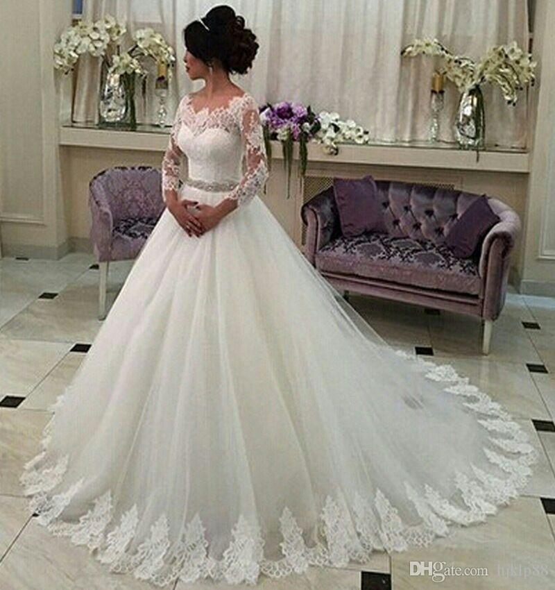 Свадьба - Perfect 2017 New Long Sleeve A-Line Wedding Dresses Illusion Tulle Appliques Lace Vintage Wedding Dress Beaded Sash Bridal Gowns Lace Luxury Illusion Online with $160.0/Piece on Hjklp88's Store 