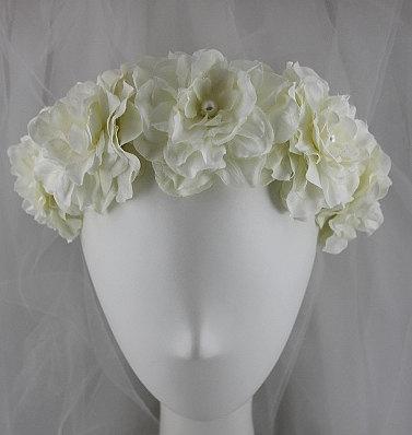 Wedding - Ivory Bridal Flower Crown with Pearls, Ivory Flower Girl Flower Crown with Pearls, Ivory Wedding Flower and Pearl Hair Accessory