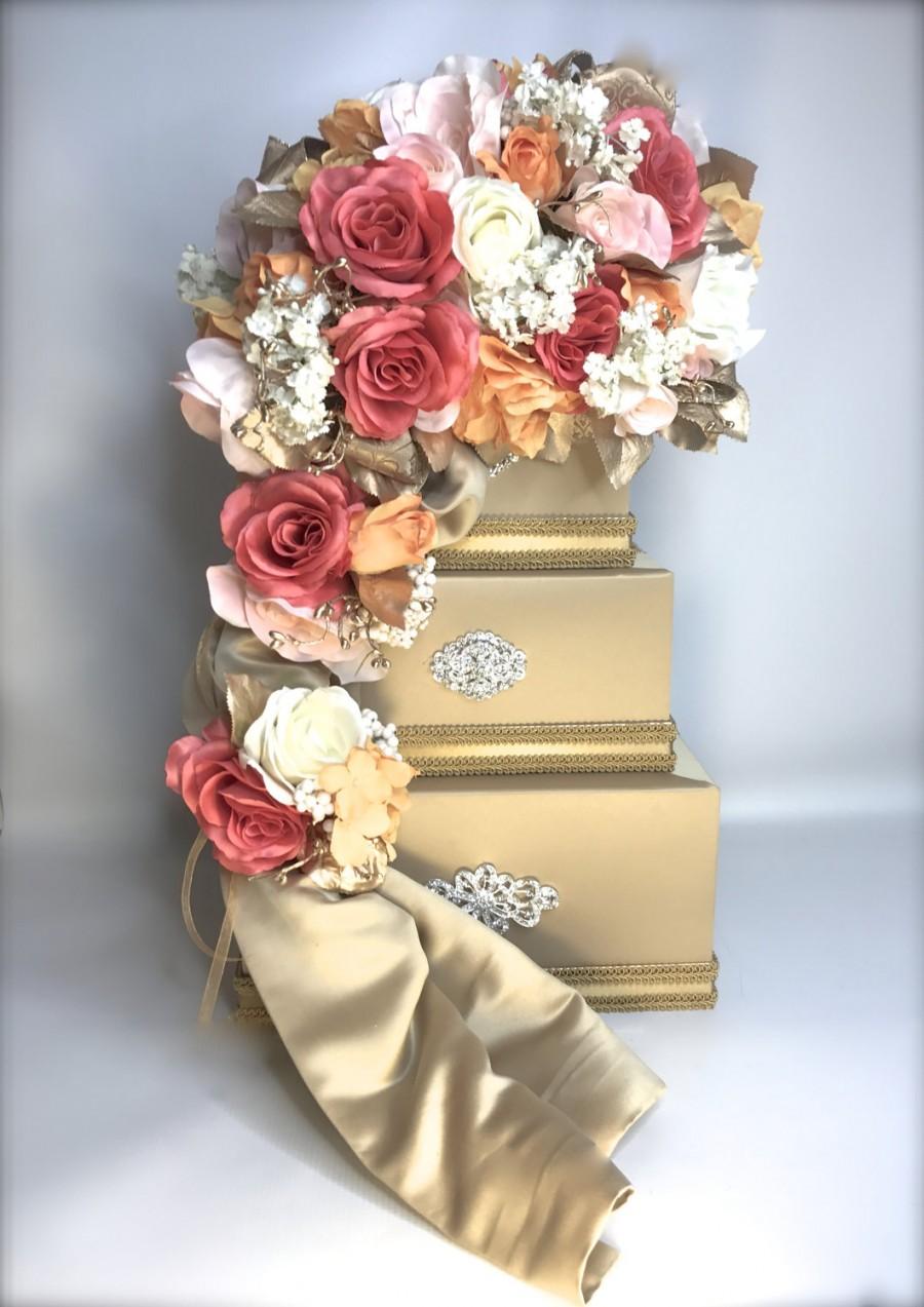 Mariage - Wedding Card Box Holder Coral Pink Orange Ivory Gold Elegant Unique Secured Lock Wedding Card Box Diamond Wedding Card Box Gold Wedding